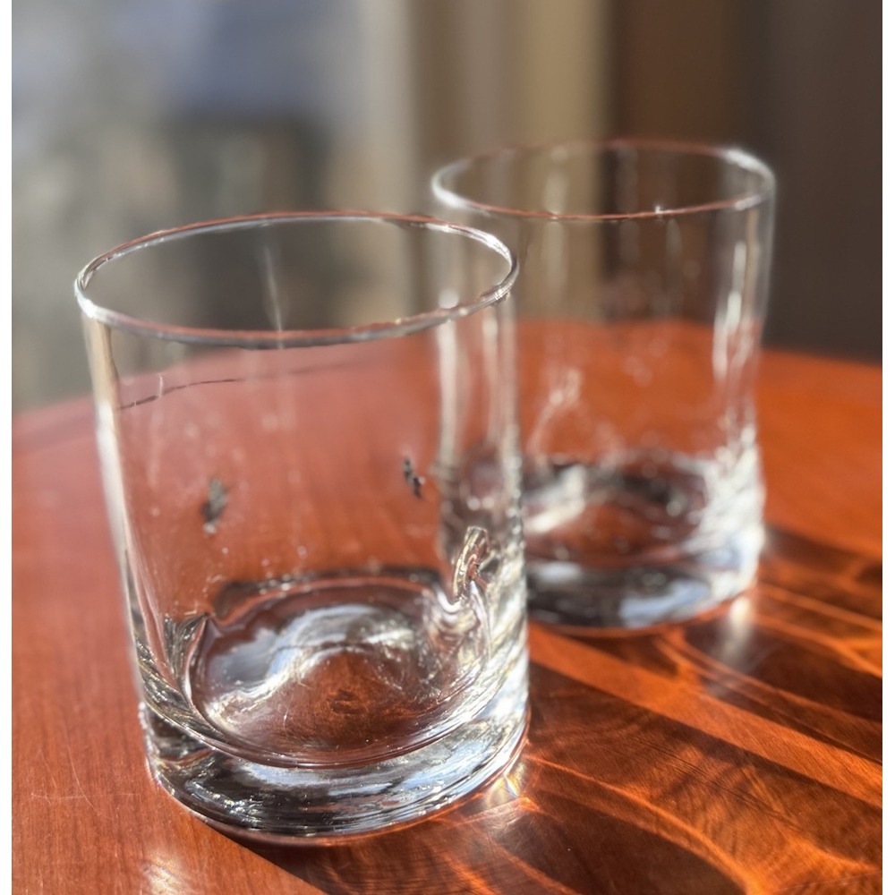 Pair Of Clear Glass Whiskey Rocks Low Ball Finger Groove Easy Grip Glasses EUC